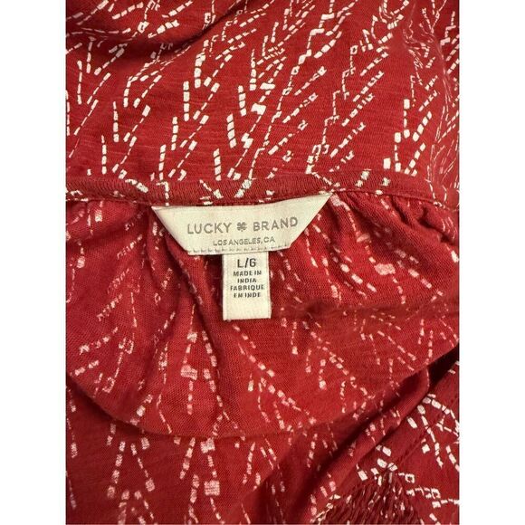 Lucky Brand Boho Peasant Top Sz. L Red Festival Vacation Smocking - Picture 7 of 9